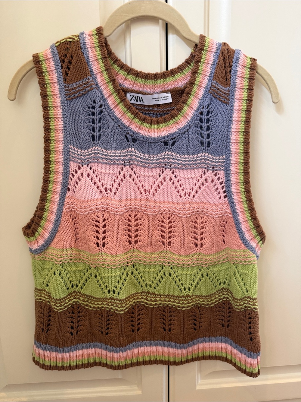 Zara Multicolor Crochet Knit Tank Top in Brown, Pink, Green, Blue